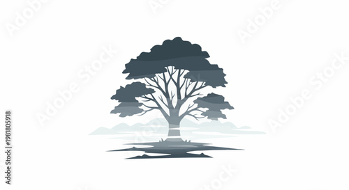 Silhouette of a large tree with layered canopy over misty landscape