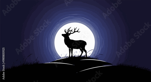 Silhouette of a majestic deer standing on a hill under a full moon
