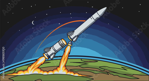 Rockets launch from Earth into a starry, crescent moonlit sky