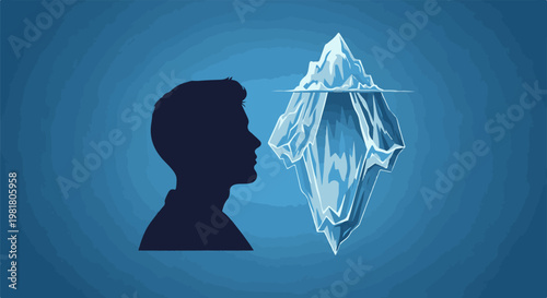 Silhouette of a man's head observing a partially submerged iceberg