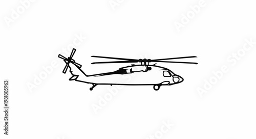 Silhouette of a military helicopter in flight with rotor blades