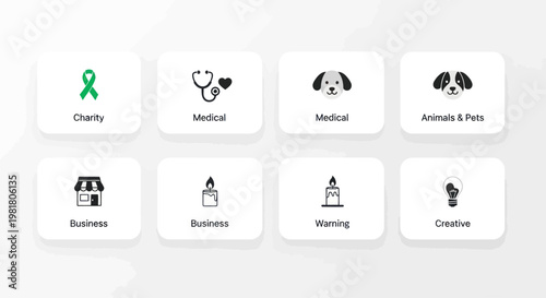 Set of Icons: Charity, Medical, Business, Animals, Burning Candle, Lightbulb