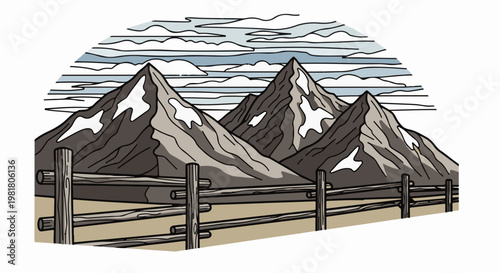 Rocky mountain peaks with snow caps behind a wooden fence