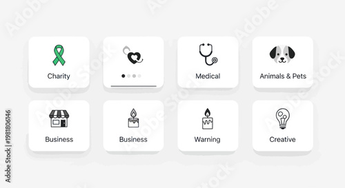 Set of Icons: Charity, Medical, Business, Animals, Creative & Warning