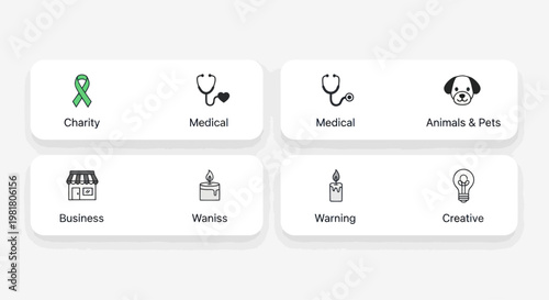 Set of Icons: Charity, Medical, Business, Animals, Candles, Creative Ideas