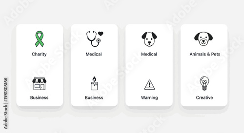 Set of Icons: Charity, Medical, Business, Animals, Creative, Warning, and More