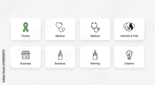 Set of Icons: Charity, Medical, Business, Animals, Creative, Warming, Light Bulb