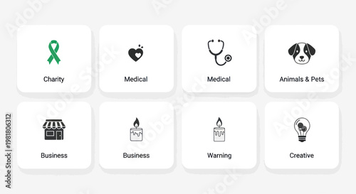 Set of Icons: Charity, Medical, Business, Animals, Warning, Creative