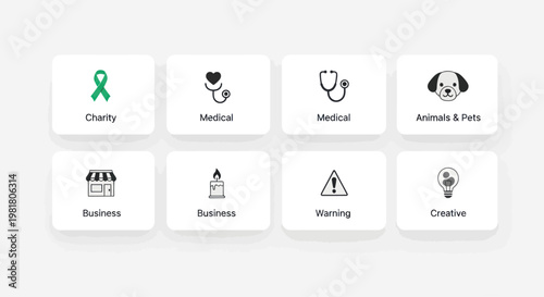 Set of Icons: Charity, Medical, Business, Animals, Warning, Creative