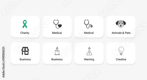 Set of Icons: Charity, Medical, Business, Animals, Warning, Creative