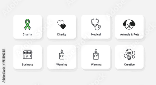 Set of Icons: Charity, Medical, Business, Animals, Warning, Creative