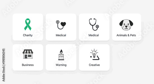 Set of Icons: Charity, Medical, Business, Animals, Warning, Creative