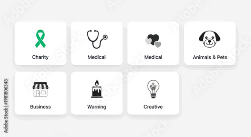 Set of Icons: Charity, Medical, Business, Animals, Warning, Creative
