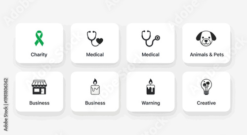 Set of Icons: Charity, Medical, Business, Animals, Warning, Creative