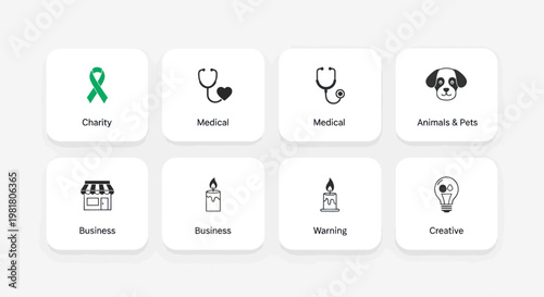 Set of Icons: Charity, Medical, Business, Pets, Awareness, Creative Concepts
