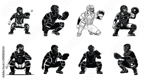 Set of eight baseball catcher illustrations in various crouching poses featuring detailed protective gear and mitts