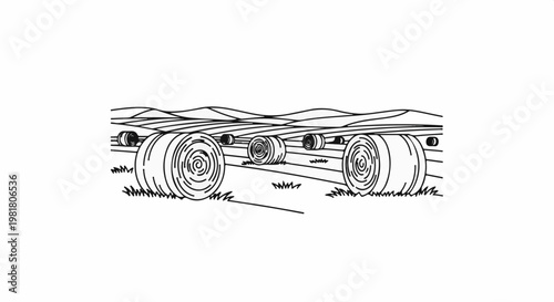 Rolling hay bales on a grassy field with rolling hills in the background