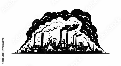 Silhouette of a sprawling industrial complex emitting thick smoke and flames