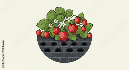 Red strawberries with green leaves and white flowers grow from a dark grid
