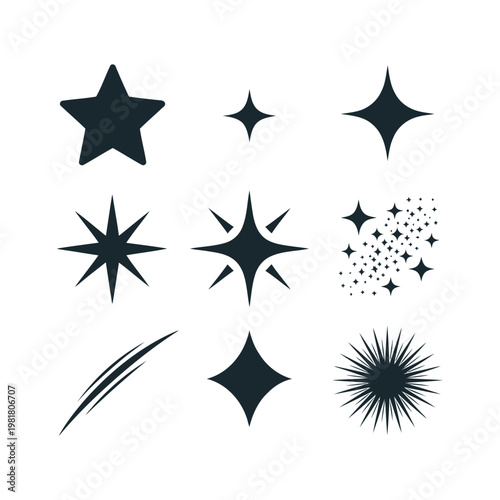 Abstract Star Shapes and Sparkle Icons Vector Set, Decorative Twinkle Symbols Collection