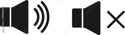 Vector set of speaker icons with sound waves and mute sign for audio interface design