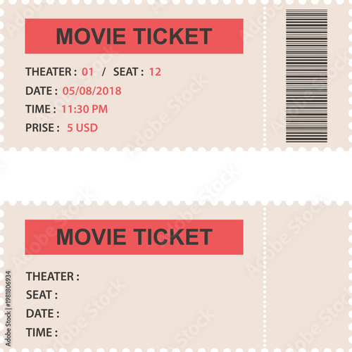 Vector set of cinema movie tickets with barcode and blank template for entertainment industry design