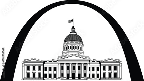 Vector illustration of the iconic St. Louis Gateway Arch framing the historic Old Courthouse dome under a waving American flag.
