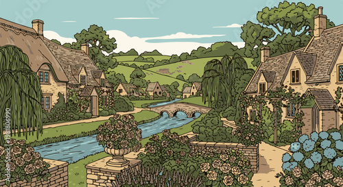 Quaint village with stone cottages, a flowing river, and a picturesque arched bridge