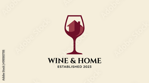 This logo art embodies the fusion of home coziness and wine enjoyment, presenting a wine glass with a house symbol, perfect for wine and hospitality themes.