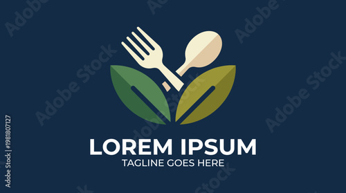 This logo design features a fork and spoon combined with green leaves, symbolizing freshness and sustainability in culinary arts and healthy eating practices.