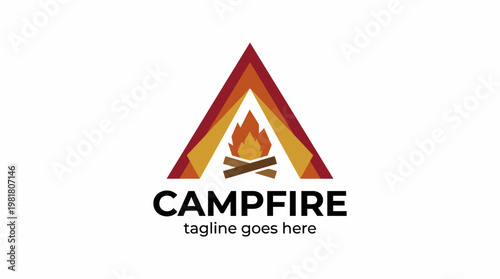 A striking logo featuring a campfire and triangular designs, capturing the essence of outdoor adventure, perfect for brands in camping, hiking, or outdoor gear markets.