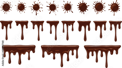 Vector illustration set of chocolate melt drips and brown liquid splashes, cocoa syrup drops, sweet sauce leaks, isolated on white,