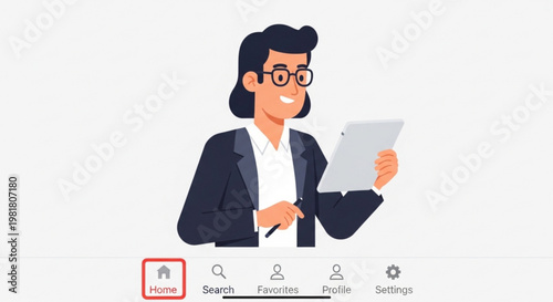 A smiling businesswoman holding a tablet and pen in a modern interface setting