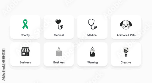 Set of icons for business, health, and charity - vector illustration