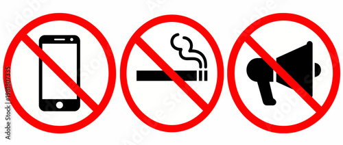 This image features three distinct symbols clearly indicating the prohibition of mobile phones, smoking, and loud noises, promoting a quiet and respectful environment in visual form.