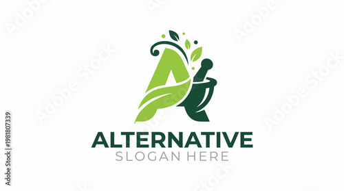 An elegant logo design representing alternative health, featuring a mortar and pestle surrounded by green leaves, symbolizing natural remedies, wellness, and holistic approaches to health.