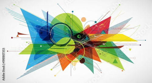 A vibrant abstract vector graphic illustration with colorful geometric shapes and lines on a white background