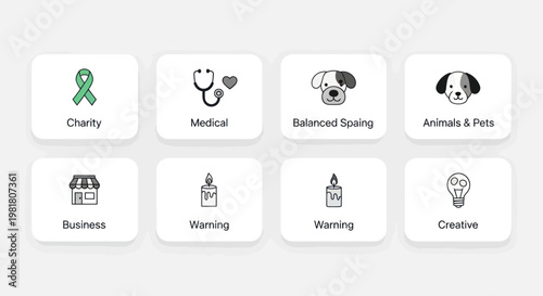 Set of icons for charity, medical, business, animals, warning, and creativity
