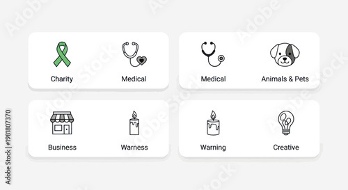 Set of icons for charity, medical, business, animals, warmth, and creative ideas