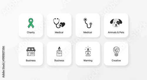 Set of Icons for Charity, Medical, Business, Animals, Warning, Creative Concepts