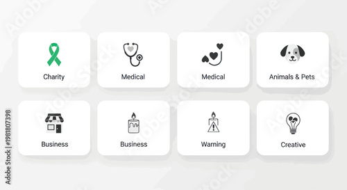 Set of Icons for Charity, Medical, Business, Animals, Warning, Creative Concepts