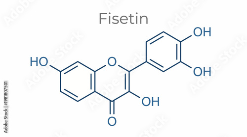 An educational representation of the Fisetin molecule illustrating its chemical structure, highlighting the significance of biochemistry in health and nutrition for a science-focused audience.