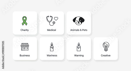 Set of Icons: Health, Animals, Business, and Creativity Concepts