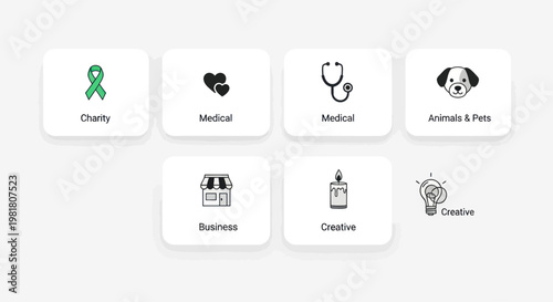 Set of Icons: Charity, Medical, Pets, Business, Creative, Candle