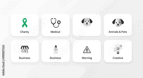 Set of Icons: Charity, Medical, Pets, Business, Candle, Warning, Creative Ideas