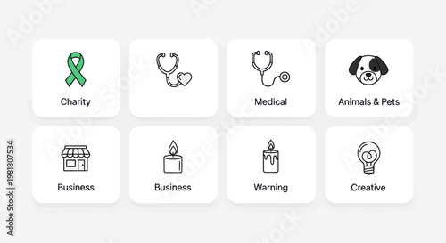 Set of Icons: Charity, Medical, Pets, Business, Candles, Creative Ideas
