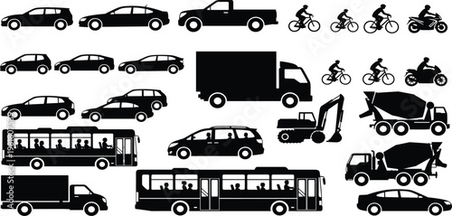 Vehicle silhouette set including bus, truck, car, bicycle, motorcycle, excavator, concrete mixer, delivery transport, urban traffic icons, industrial automotive vector.