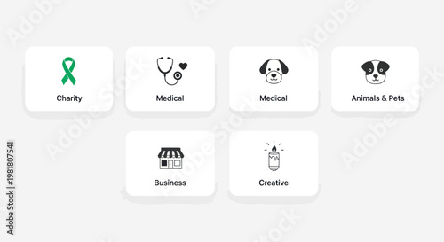 Set of icons: charity, medical, pets, business, creative