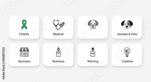 Set of Icons: Charity, Medical, Pets, Business, Warming, Creative Concepts