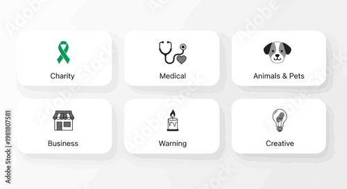 Set of icons: charity, medical, pets, business, warning, creative